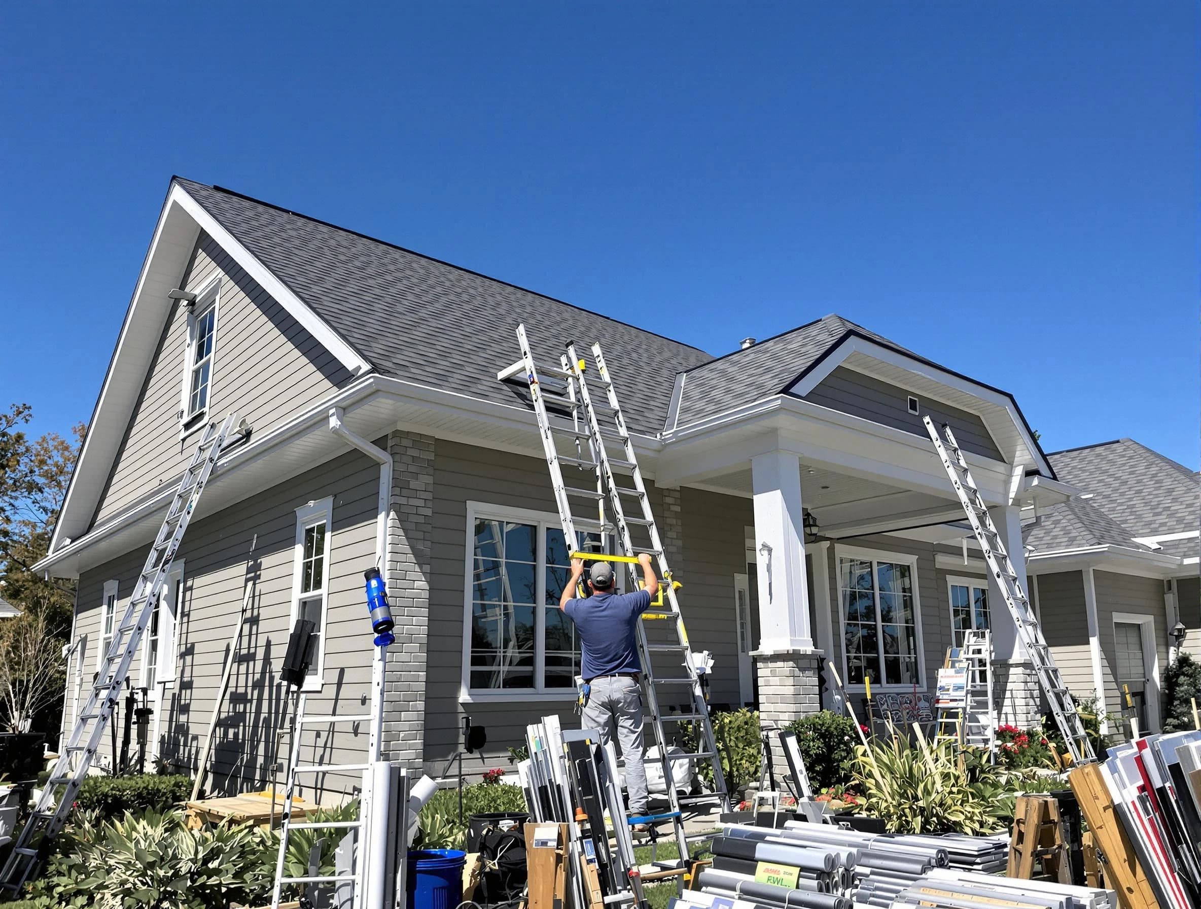 Rocky River Roofing Company fitting rain gutters at a home in Rocky River, OH