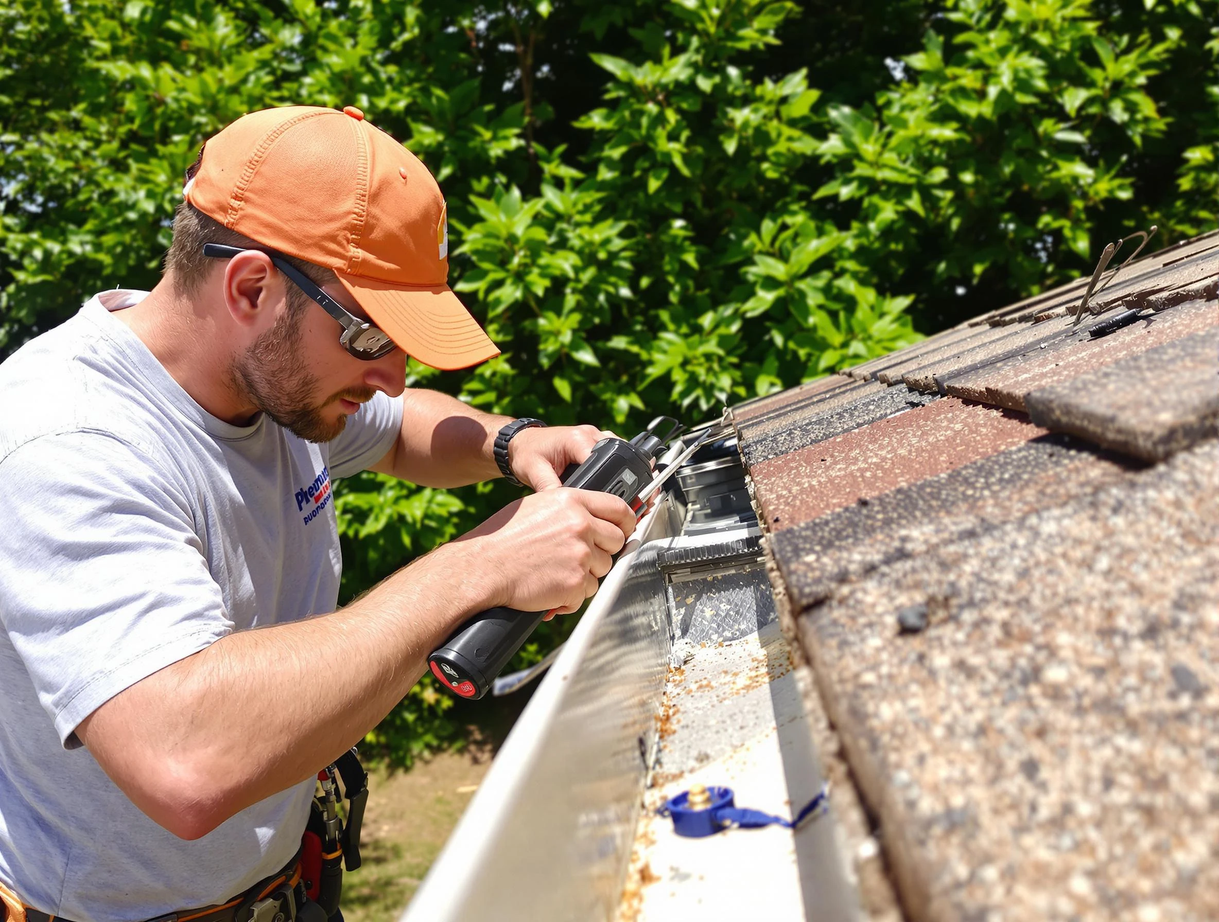 Worker repairing a gutter seam