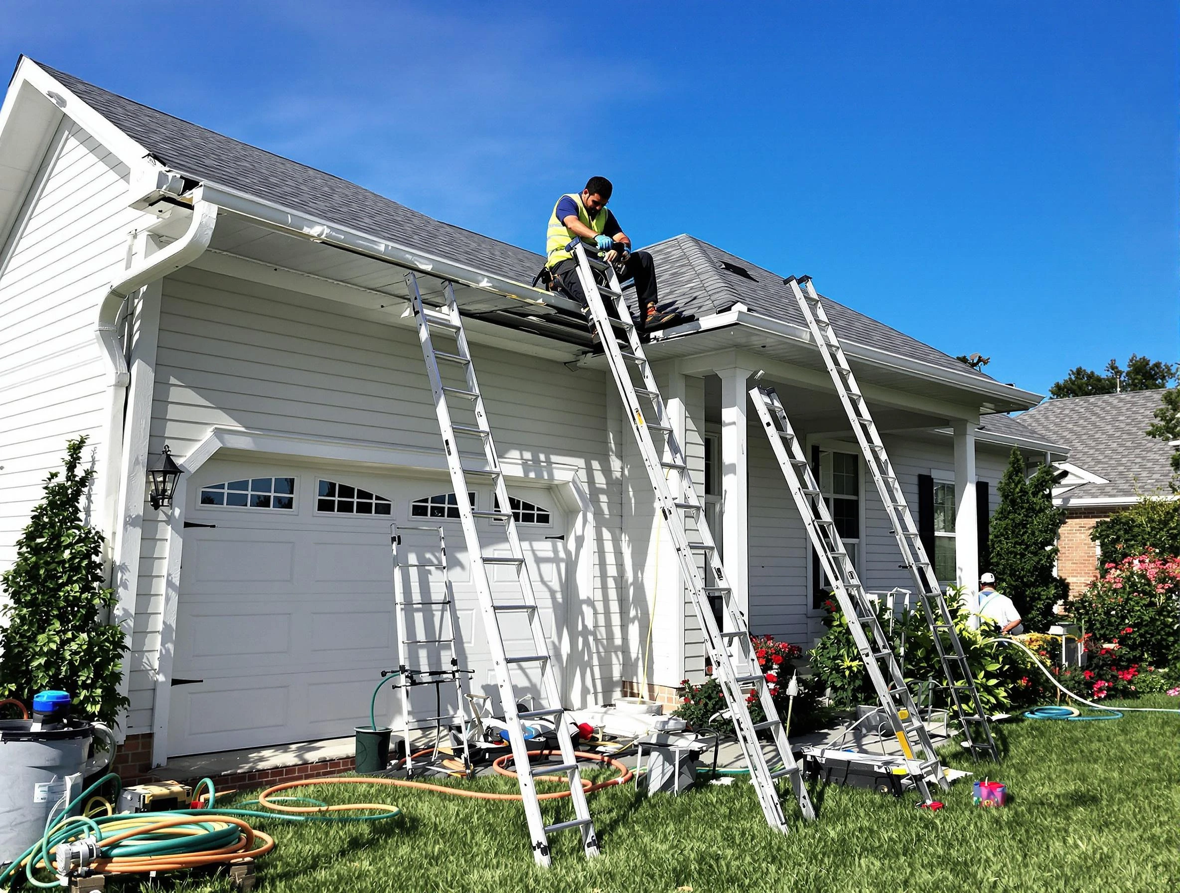 Removal of old gutters by Rocky River Roofing Company to install new system in Rocky River, OH